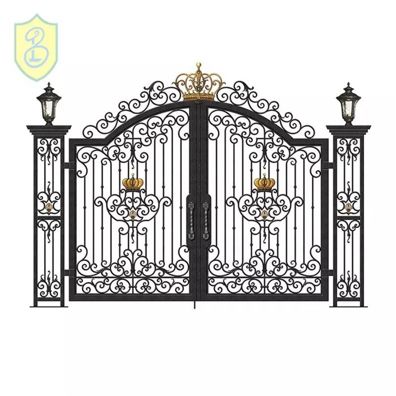 Double Door Wrought Iron Gate Galvanized Main Frame Elegant Outdoor Iron Main Gate Designs