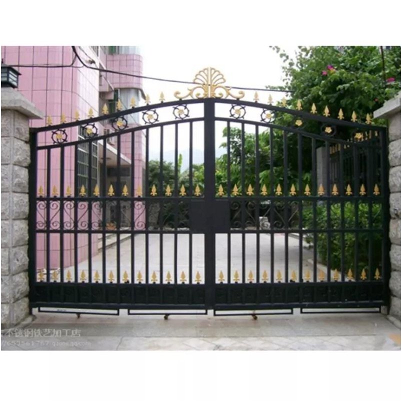 Double Door Wrought Iron Gate Galvanized Main Frame Elegant Outdoor Iron Main Gate Designs