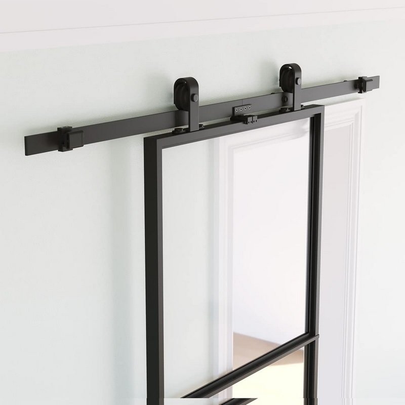 French Style Steel Iron Metal Glass Sliding Steel Door Black Framed Barn Door Panel with Barn Door Hardware Kit