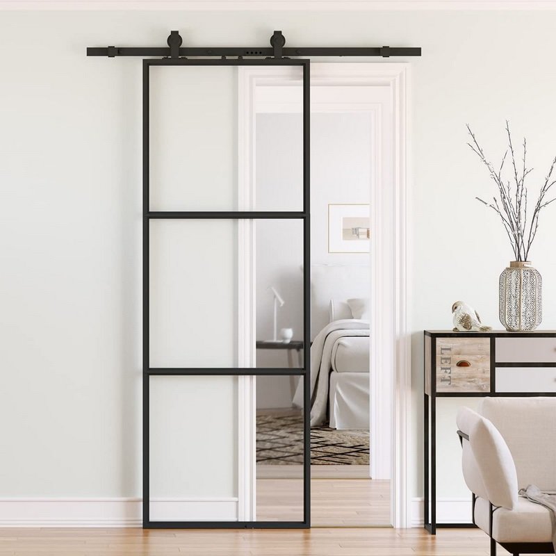 French Style Steel Iron Metal Glass Sliding Steel Door Black Framed Barn Door Panel with Barn Door Hardware Kit