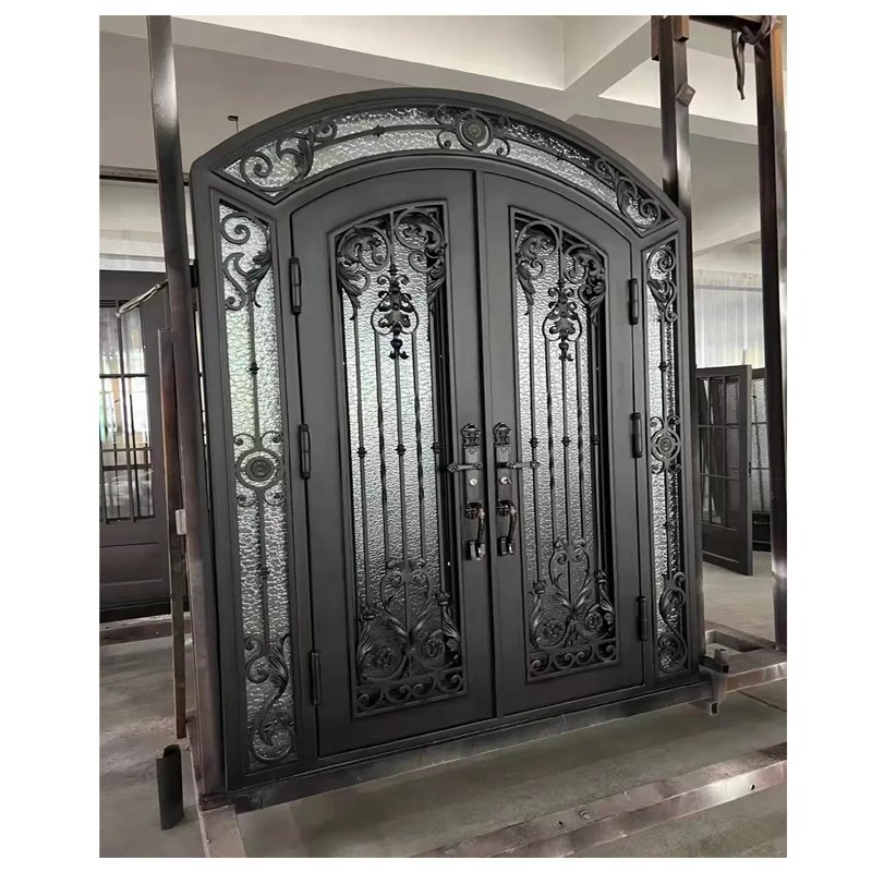 Ikealuminum 2023 iron doors entrance wrought nfrc waterproof sound proof iron glass door double iron glass door For house