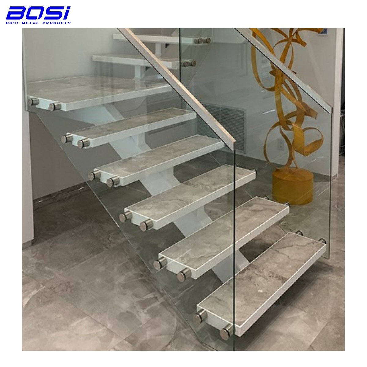 Modern Indoor Spiral Staircase with Wooden Carbon Steel Tread Steps Glass Railing and Iron Handrail Straight Style