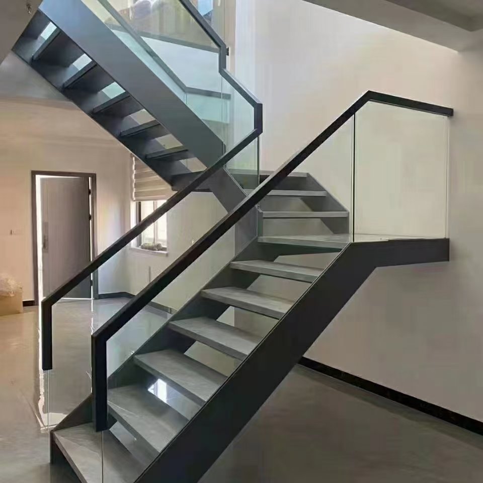 Modern Indoor Spiral Staircase with Wooden Carbon Steel Tread Steps Glass Railing and Iron Handrail Straight Style