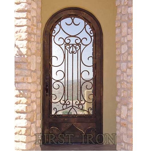 Decorative interior wine cellar door, single arched forged iron door
