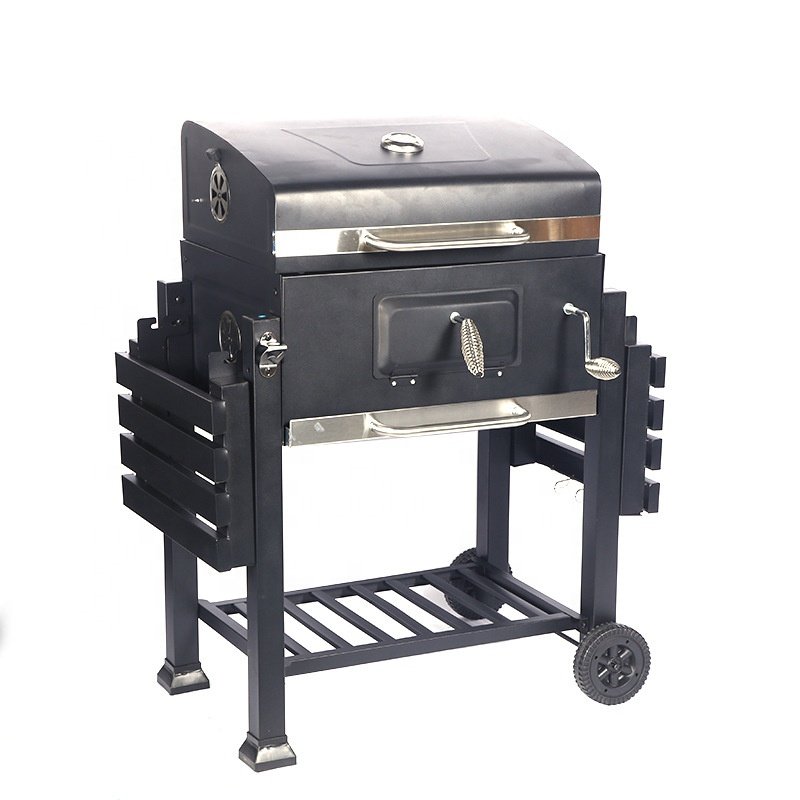 Outdoor Smokeless BBQ Square Trolley Cast Iron Grill Smoker with Chimney Charcoal Barbecue with Lid