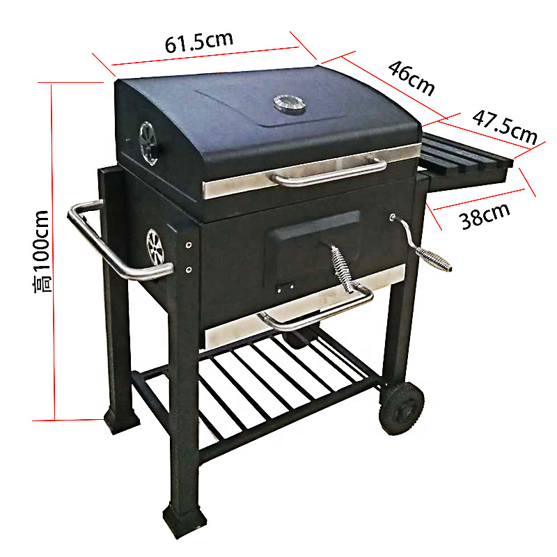 Outdoor Smokeless BBQ Square Trolley Cast Iron Grill Smoker with Chimney Charcoal Barbecue with Lid