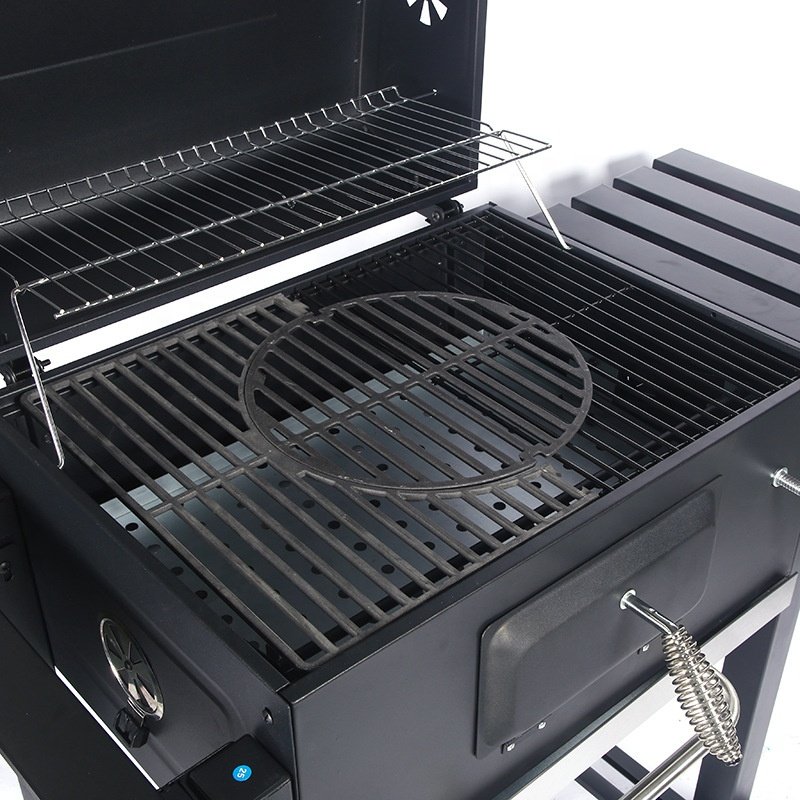 Outdoor Smokeless BBQ Square Trolley Cast Iron Grill Smoker with Chimney Charcoal Barbecue with Lid