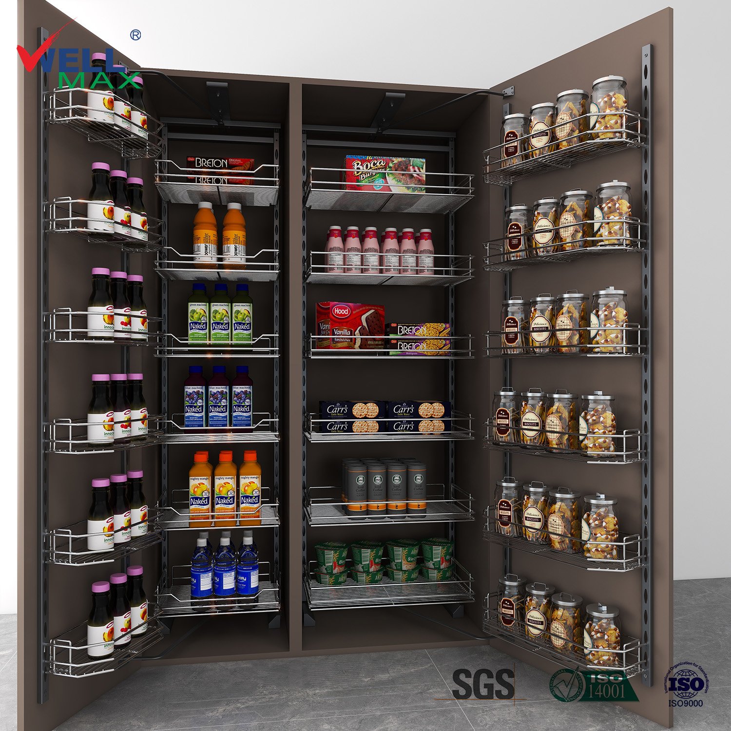 WELLMAX Kitchen Cabinet Larder Basket Pull Out Storage Organizer Iron Powder Soft Closing Drawer Pantry Unit
