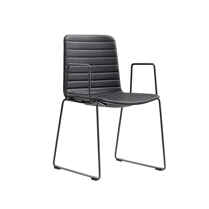 Wholesale Black Powder coated Solid Steel Sled Leg PU Leather Ribbed Training Meeting Conference Chair with arm