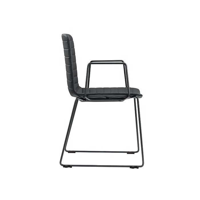 Wholesale Black Powder coated Solid Steel Sled Leg PU Leather Ribbed Training Meeting Conference Chair with arm