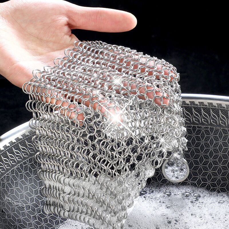 316 stainless steel chain mail scrubber 7*7 inch round shape cast iron scrubber