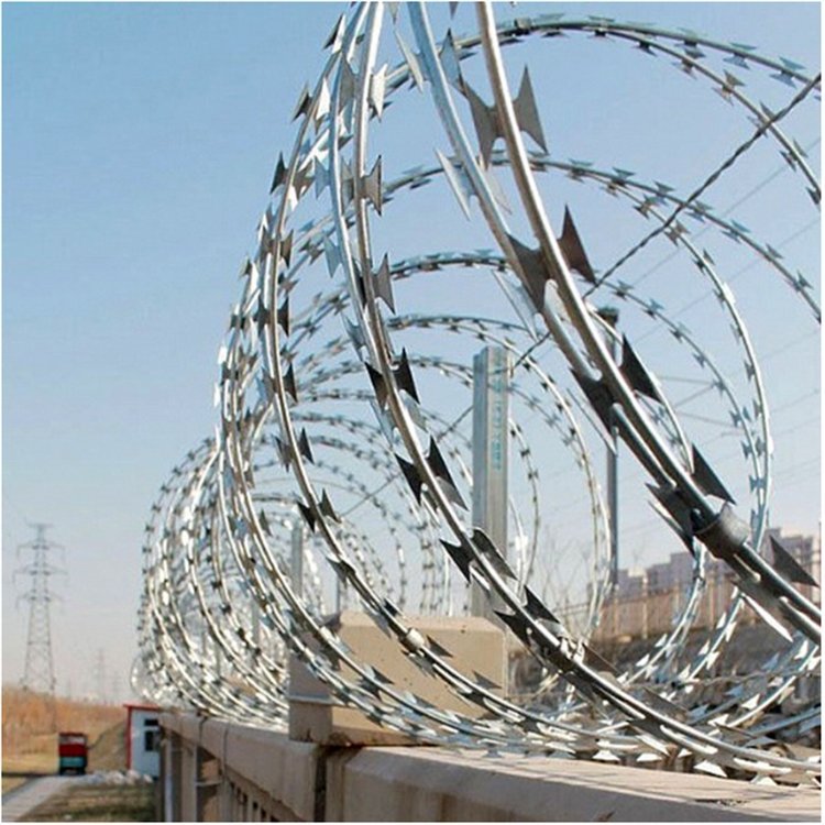 Hot Dipped Galvanized Steel Wire Mesh Fence Bto-22 43 Size 180 Loops Roll Concertina with Double Strand Razor Blade Barbs