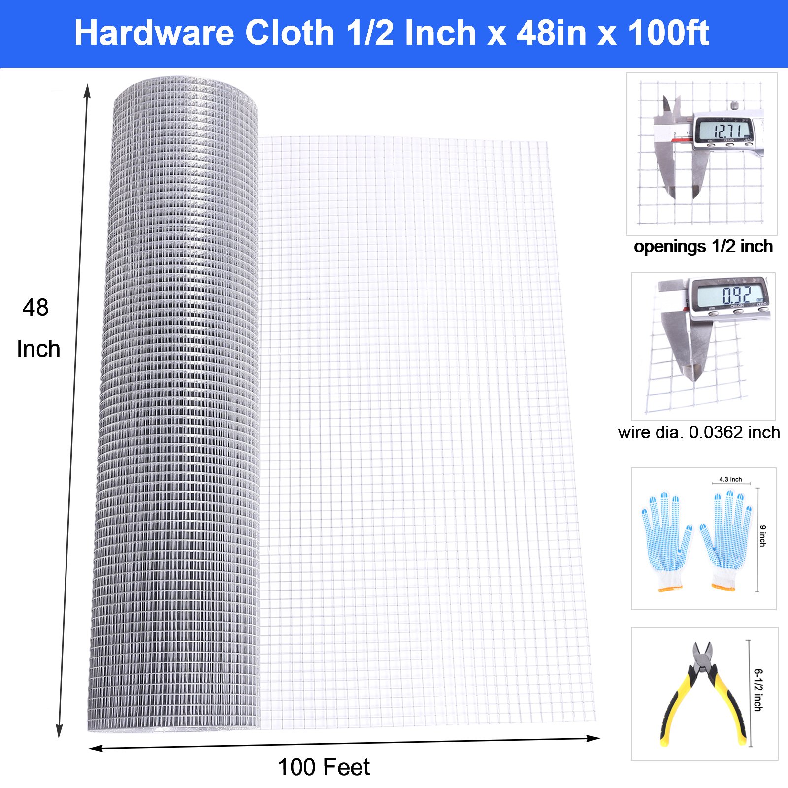 Hardware Cloth for Chicken Steel Fence 1/2in AWG19 Wire Diameter 48inch x100ft Hot dipped galvanized after Welded Iron Wire Mesh