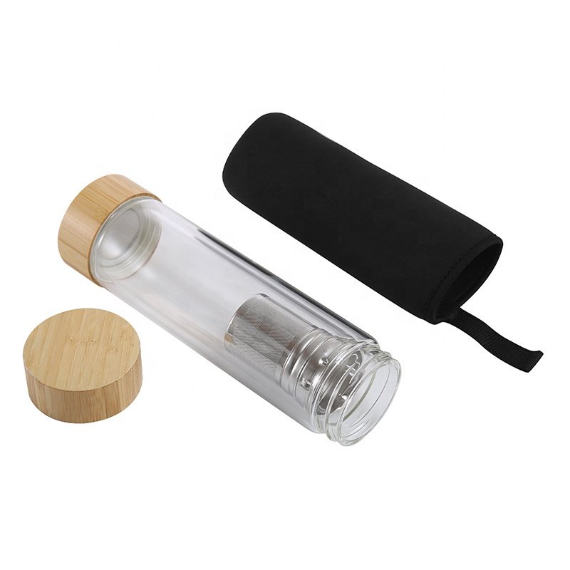 BPA Free 500ml Double Wall tea infuser glass water bottle with filter bamboo lid leakproof food grade