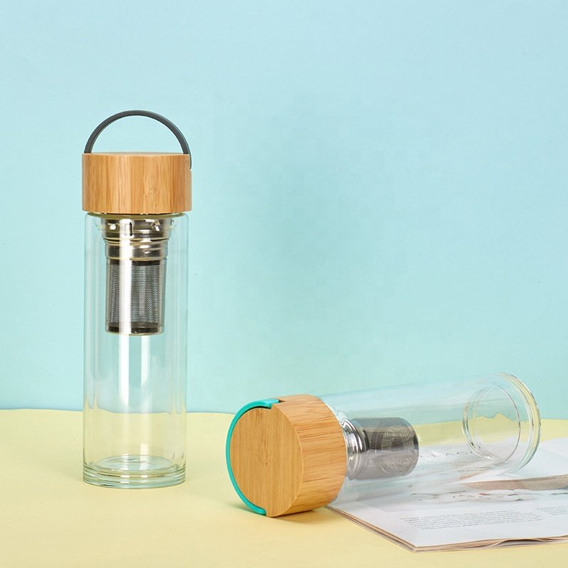 BPA Free 500ml Double Wall tea infuser glass water bottle with filter bamboo lid leakproof food grade