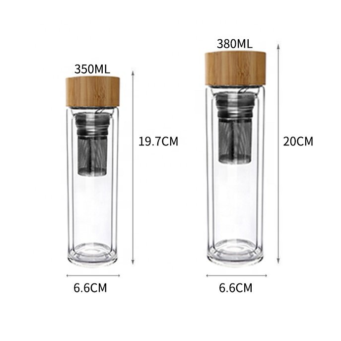 BPA Free 500ml Double Wall tea infuser glass water bottle with filter bamboo lid leakproof food grade