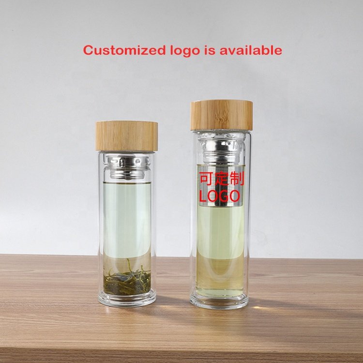 BPA Free 500ml Double Wall tea infuser glass water bottle with filter bamboo lid leakproof food grade