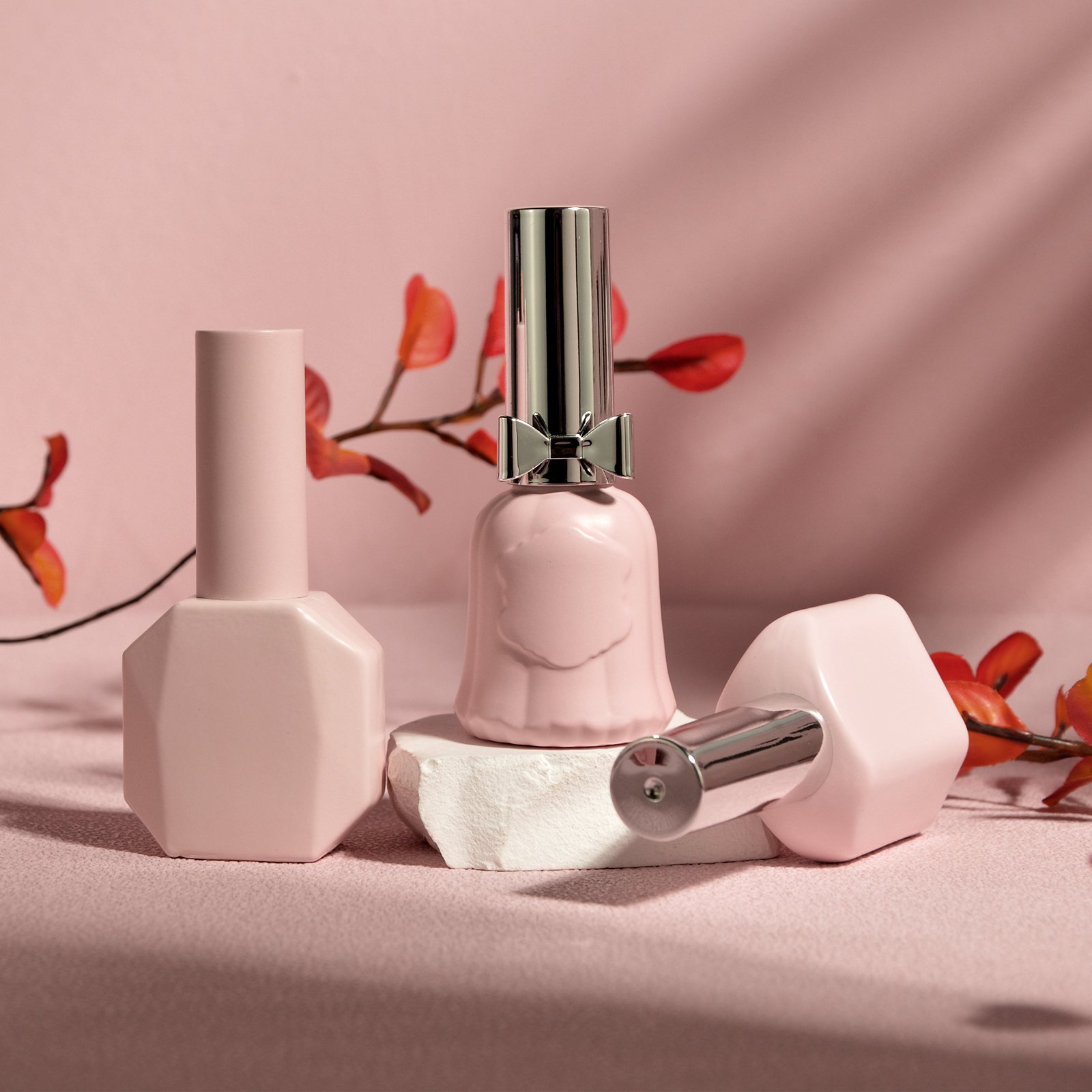 Stock Wholesale Custom 10ml 12ml 15ml Cute Pink Empty Glass Cosmetic Bottle For Nail Polish With Pp Cap Brush Free Sample
