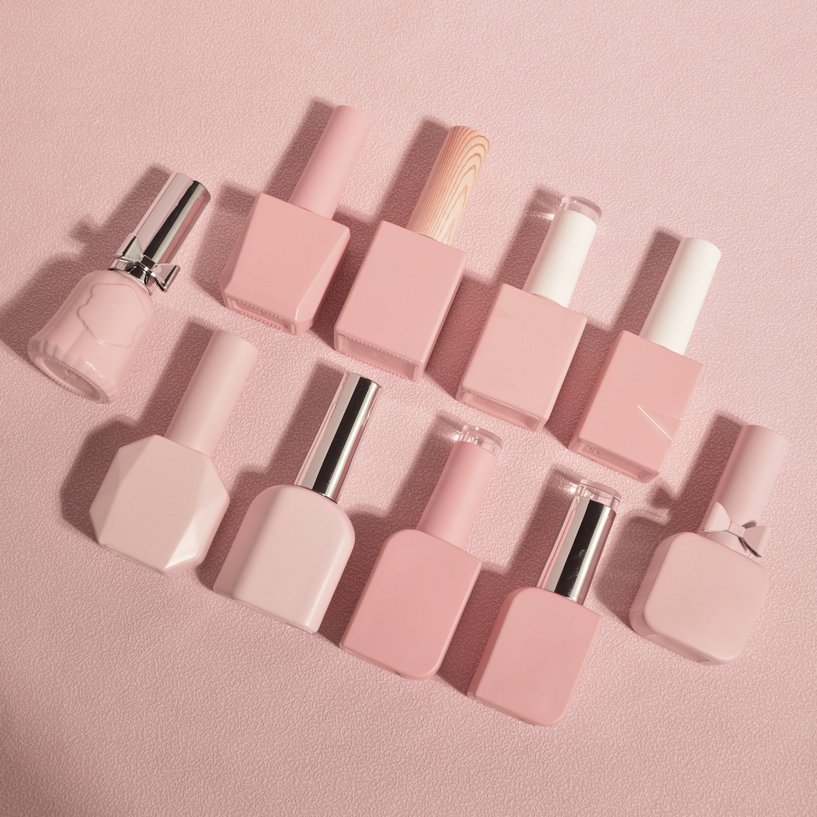 Stock Wholesale Custom 10ml 12ml 15ml Cute Pink Empty Glass Cosmetic Bottle For Nail Polish With Pp Cap Brush Free Sample