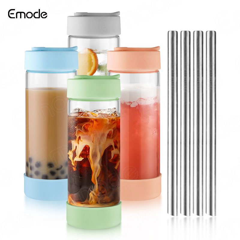 Emode Glass Tumbler with Straw Wide Mouth Smoothie Cups Iced Coffee Cup Borosilicate glass