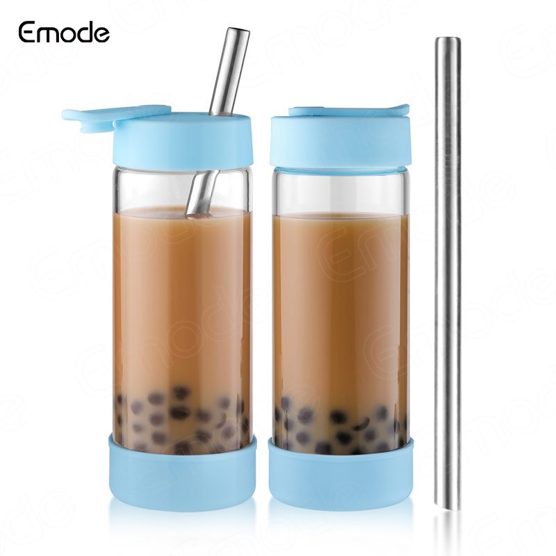 Emode Glass Tumbler with Straw Wide Mouth Smoothie Cups Iced Coffee Cup Borosilicate glass