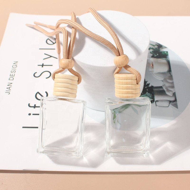15ml Clear Flat Square Empty Glass Bottle Car Diffuser Perfume Aromatherapy Bottle With Wooden Lids Hanging lace