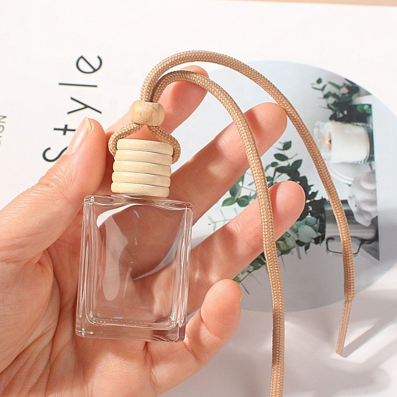 15ml Clear Flat Square Empty Glass Bottle Car Diffuser Perfume Aromatherapy Bottle With Wooden Lids Hanging lace