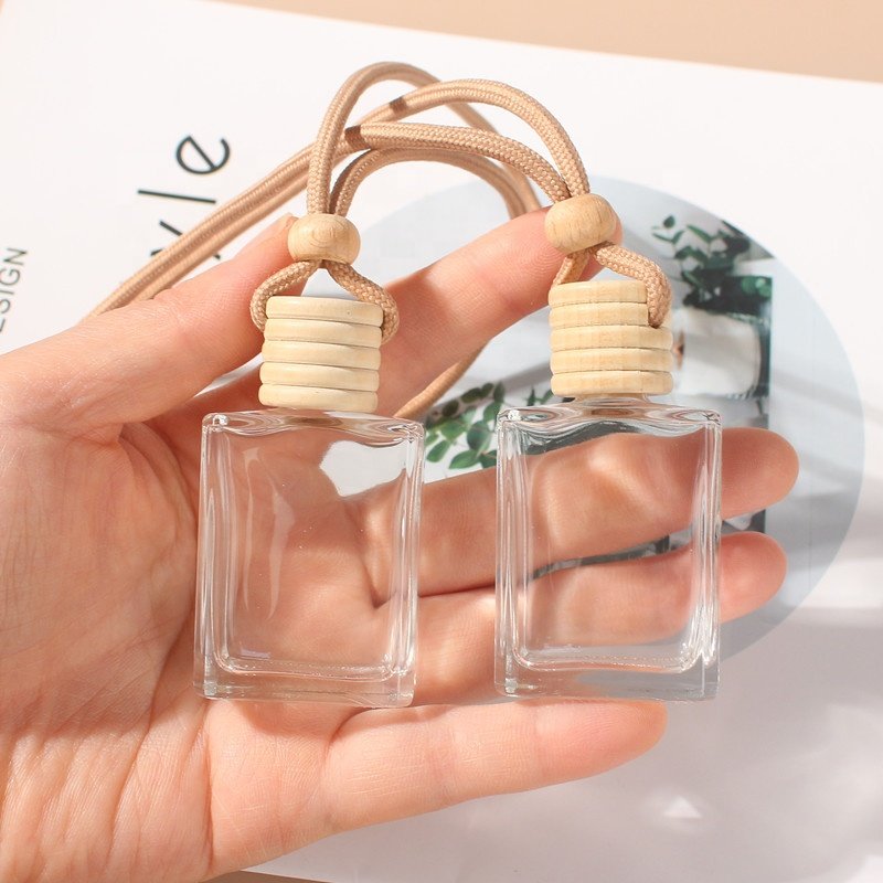 15ml Clear Flat Square Empty Glass Bottle Car Diffuser Perfume Aromatherapy Bottle With Wooden Lids Hanging lace