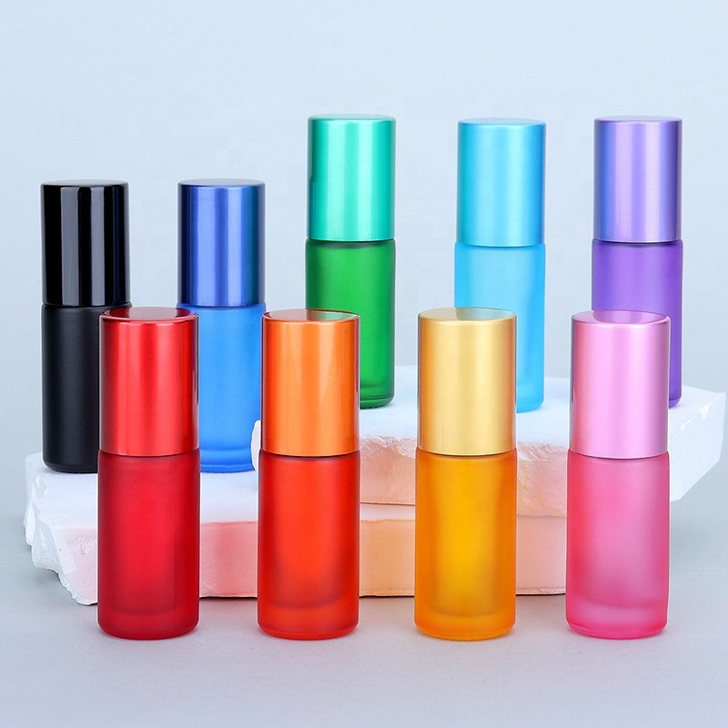 Factory Wholesale 5ml Rainbow Color Roll On Glass Bottle Cosmetic Essence Oil Eye Massage Roller Ball Sample Perfume Container