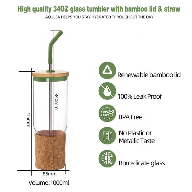 2024 new design Glass Tumbler 34oz 1000ML Glass Water Bottle Straw Silicone Protective Sleeve Bamboo Lid - BPA Free
