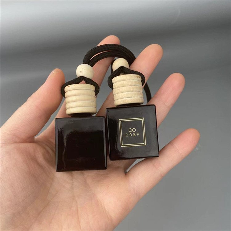 Custom print logo 10ml Car hanging diffuser black Glass perfume bottle with wooden lid