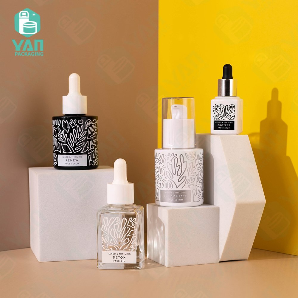YAN Packaging 10ml 30ml cbd essential oil liquid foundation square dropper lotion pump glass bottle graffiti printing