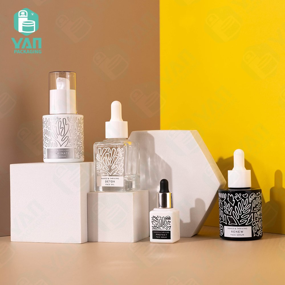 YAN Packaging 10ml 30ml cbd essential oil liquid foundation square dropper lotion pump glass bottle graffiti printing