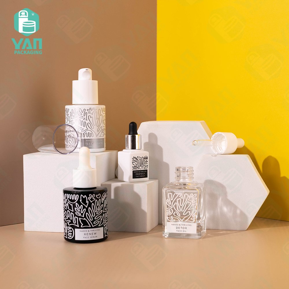 YAN Packaging 10ml 30ml cbd essential oil liquid foundation square dropper lotion pump glass bottle graffiti printing