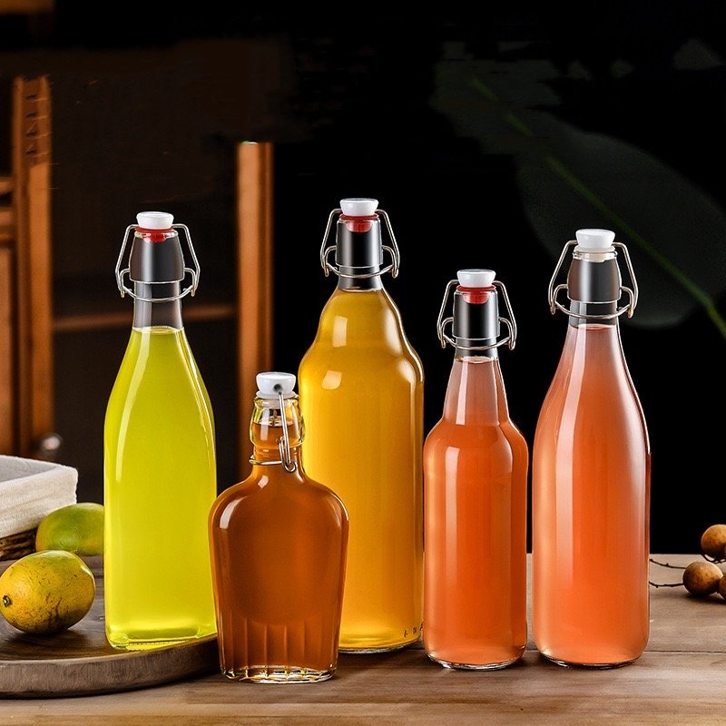 Glass Bottle with Stopper Caps 100ml 250ml 500ml 750ml Swing Top Glass Bottles for Beverages Oils Kombucha Leak Proof Lids