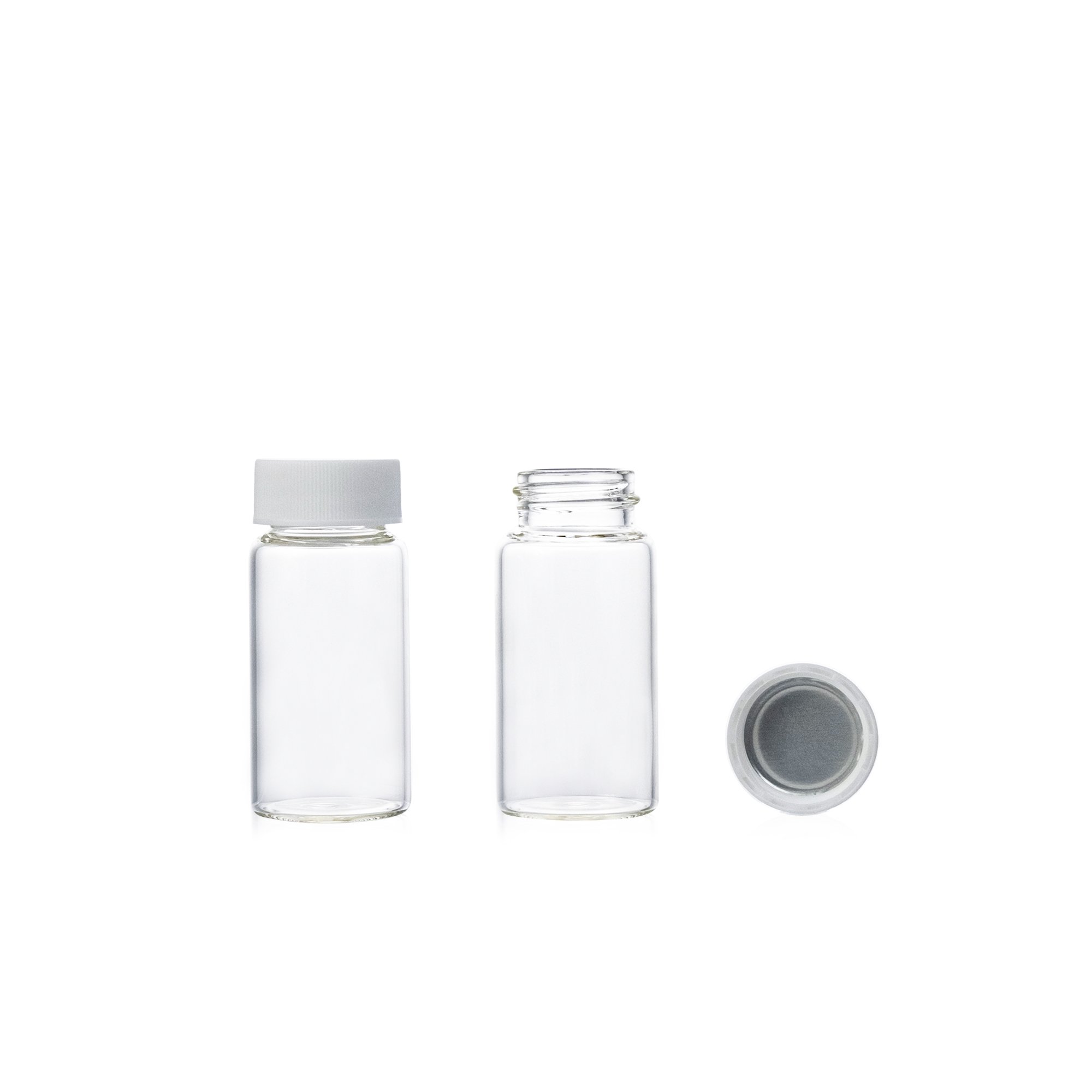 20mL Clear Glass Vial. 27.5x58mm with 22-400 White Closed Top PP Cap and Sliver Aluminum Foil Liner.