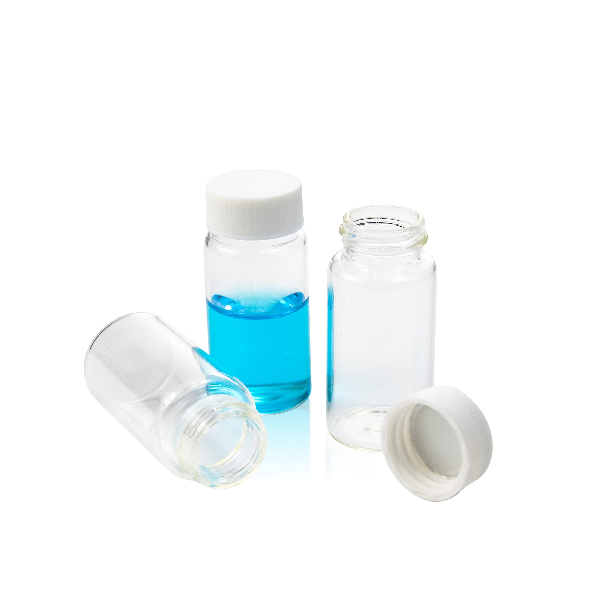 20mL Clear Glass Vial. 27.5x58mm with 22-400 White Closed Top PP Cap and Sliver Aluminum Foil Liner.