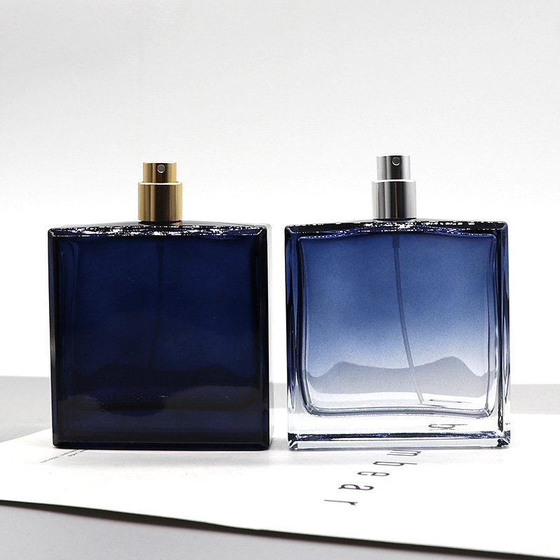 Luxury empty flat square golden black silver cap glass bottle 100ml crimp perfume manufacturer