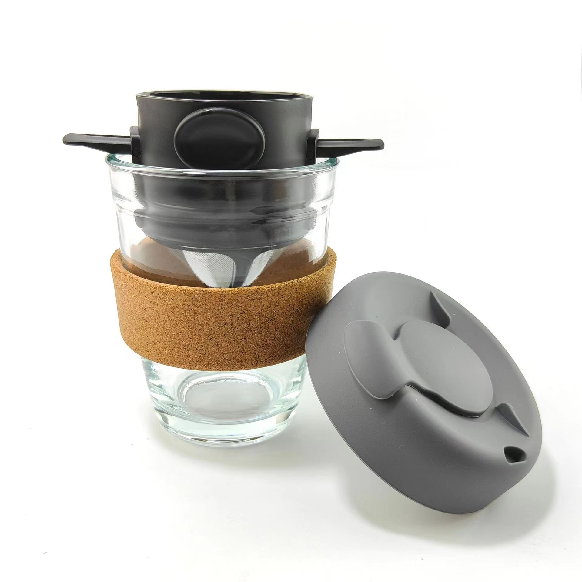 Eco-friendly Custom Coffee Glass Bottle With Cork Sleeves And Silicone Lids Portable Drinking Water Glass Cup 12 Oz