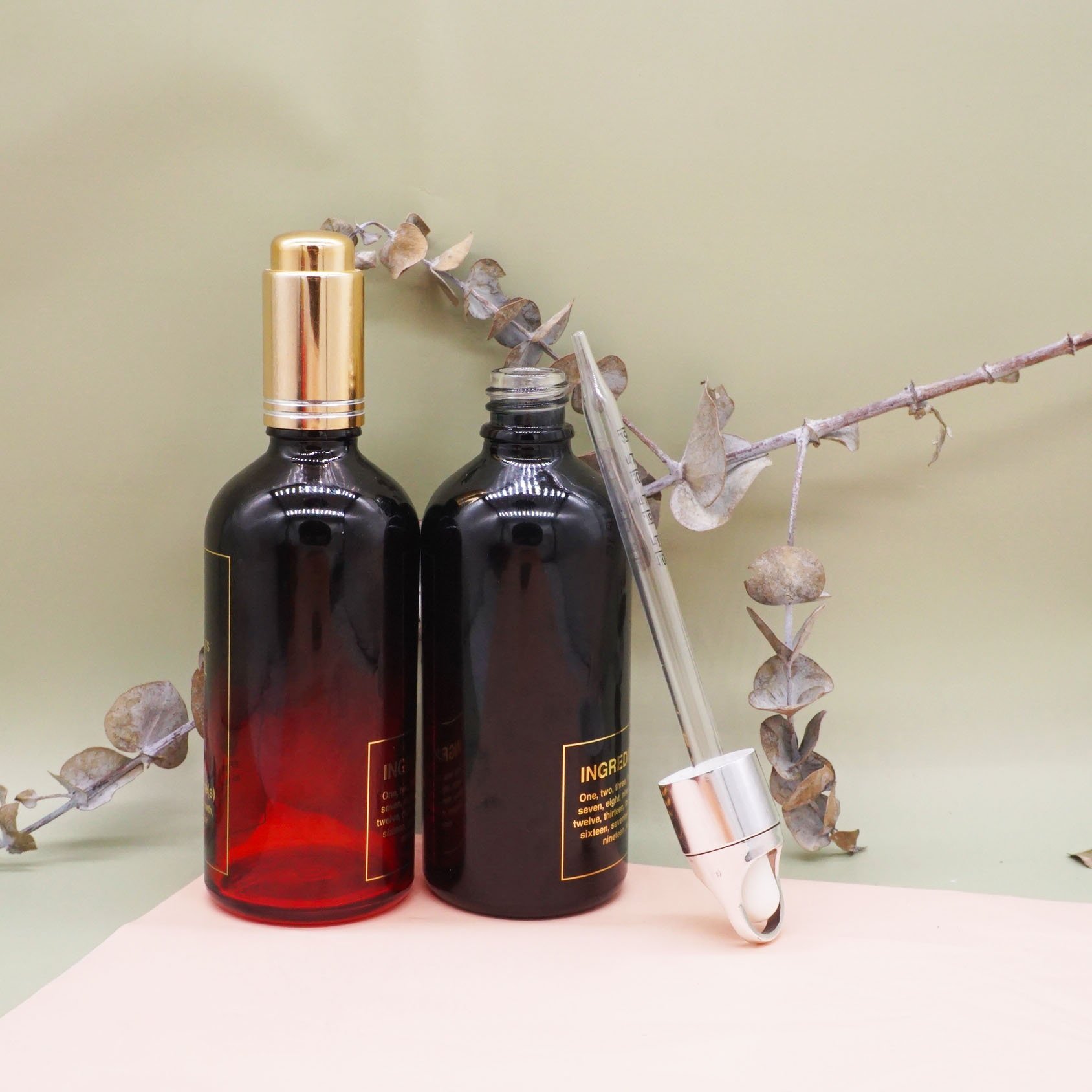 Food grade 100ml empty serum packaging black essential oil glass bottle with dropper cap