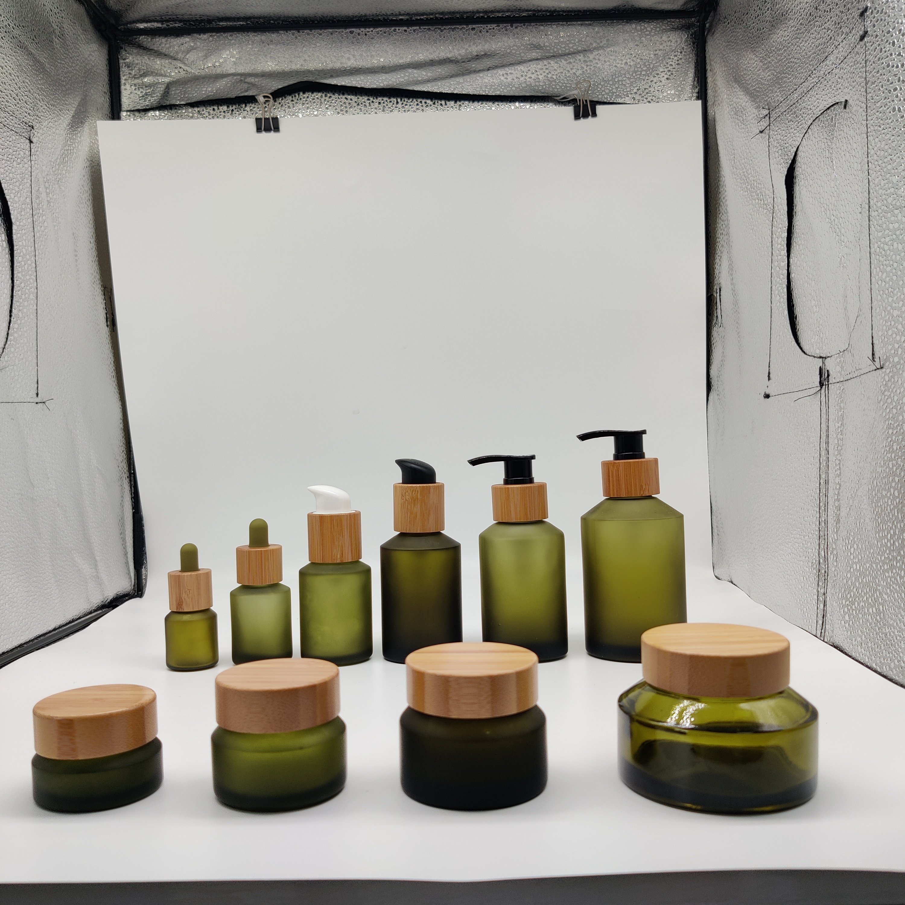 Cosmetic packaging 15ml-100g matte black slant shoulder glass bottle with lid/pump/dropper lotion bottle cream jar sets