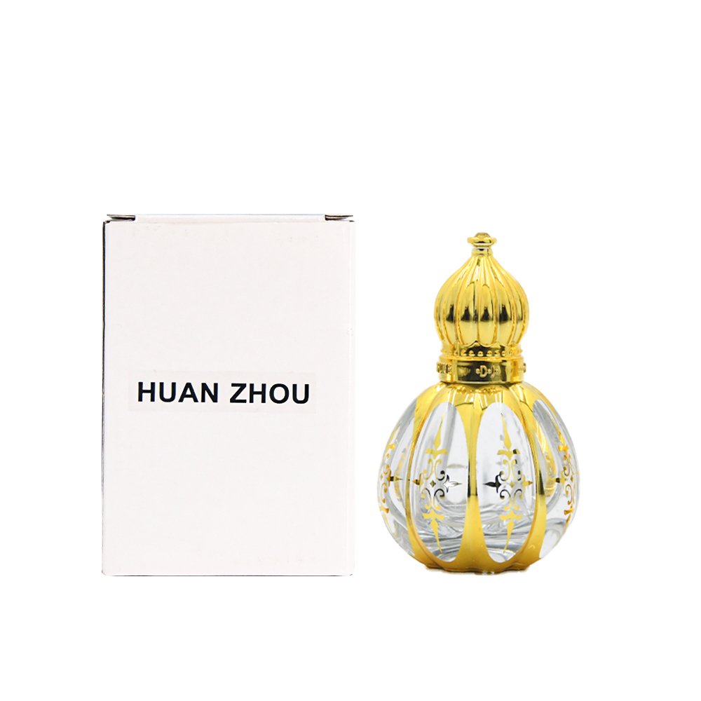 Fancy gold hot stamping attar roll on glass bottle 12ml refillable special golden glass perfume bottle with roller and dome lid