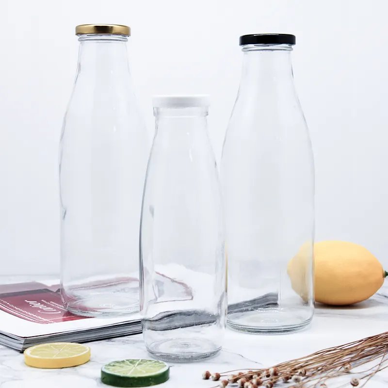 Hot Sale 500ml 750ml 1000ml Round Shape Glass Milk Juice Bottle With Lid