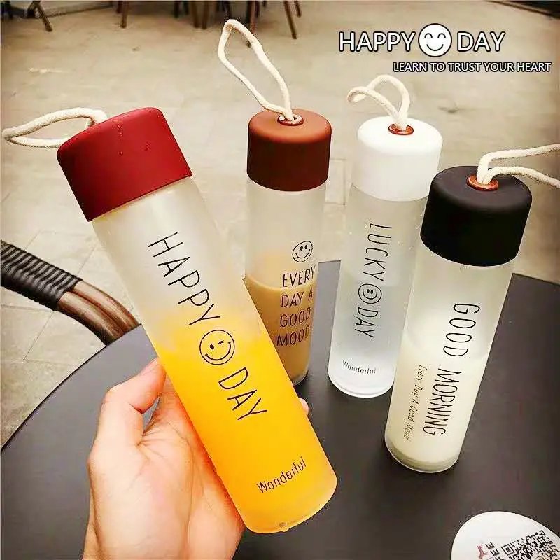 Customized Logo Colorful Drinking Bottles With Lid Handle Portable Frosted Matte Drinkware Wholesale Water Glass Bottle
