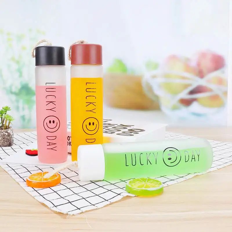 Customized Logo Colorful Drinking Bottles With Lid Handle Portable Frosted Matte Drinkware Wholesale Water Glass Bottle