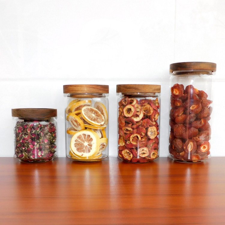 Airtight Canister Bottle With Acacia Lid Coffee Glass Jar Container Wood Food Storage For Kitchen Spice