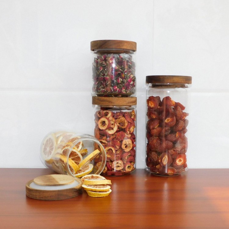 Airtight Canister Bottle With Acacia Lid Coffee Glass Jar Container Wood Food Storage For Kitchen Spice