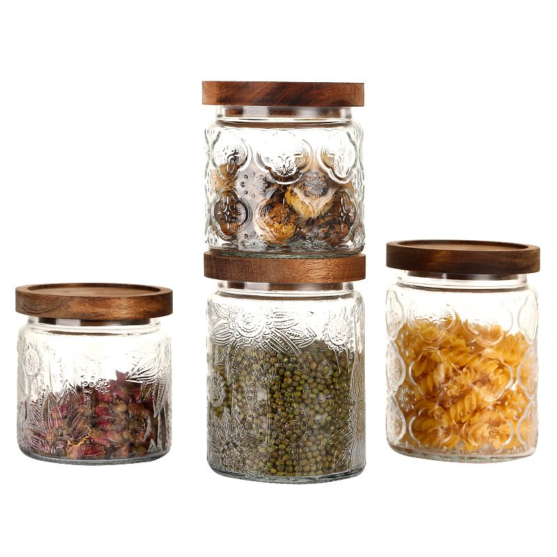 Vintage Malus spectabilis relief transparent glass storage kitchen storage glass bottles and cans snack tea sealed jars