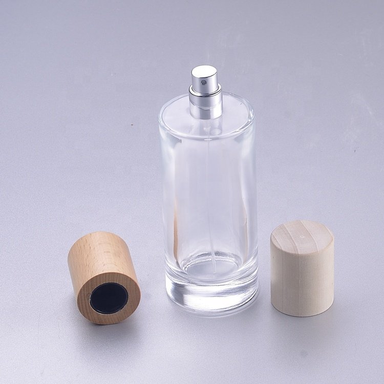 wholesale 30ml empty packaging spray with wooden lids perfume glass bottles