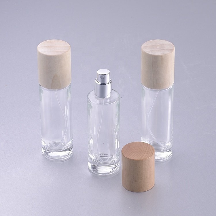 wholesale 30ml empty packaging spray with wooden lids perfume glass bottles